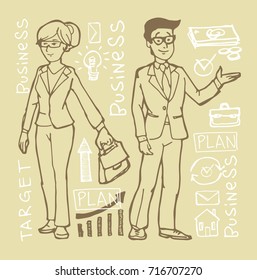 Manager cartoon character. Concept of teamwork analyzing project on business meeting.  Success, idea, growing, international business and strategy vector illustration. 