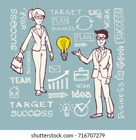 Manager cartoon character. Concept of teamwork analyzing project on business meeting.  Success, idea, growing, international business and strategy vector illustration. 