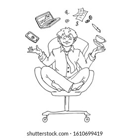 Manager in the chair juggles the objects of professional activity: laptop, phone, money, Cup, pen, schedule. Vector