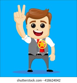 Manager character with award. Funny cartoon manager in various poses for use in presentations, etc. Happy brown haired boy with a medal and making thumbs up hand gesture. Flat illustration. 