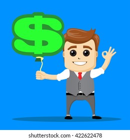Manager character with balloon as a dollar. Happy manager character keeping a balloon in hand. Flat illustration. Balloon dollar. Happy businessman holding balloons. Business success concept. 
