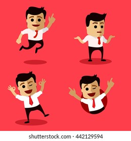 Manager character or businessman in various poses. Flat illustration. Manager characters are winks, jump, surprise. 