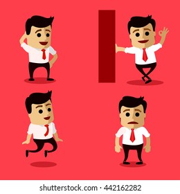 Manager character or businessman in various poses. Flat illustration. Manager character scratch his had, jump, stay upset, stay happy. 