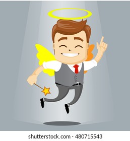 Manager character fly happy as an angel. Business man or manager character with wings and nimbus and magic wand in hand. Manager character comes as a miracle. 