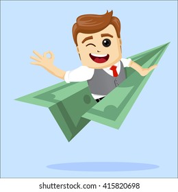 Manager character flying on paper plane. Flat character. Paper plane and cartoon character. 