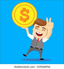 Manager character with gold coin in hand. Manager character smiling and holding gold coin in hand. Funny cartoon businessman in various poses for use in presentations, etc. Flat illustration.