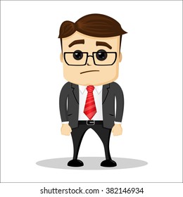 Manager character with hands down, standing upset. 