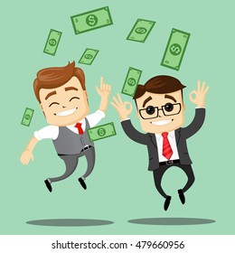 Manager character happy and with open arms, smiling broadly. Happy manager characters jumping. Two businessmem happy for their success. Flat illustration.Dollar bills fly around a person. Money.