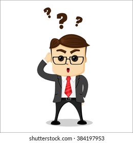 Manager character has a question, he is thinking about something and scratches his head.