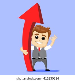 Manager character hug the arrow. Flat character. Cartoon character. Red arrow and smiling character.