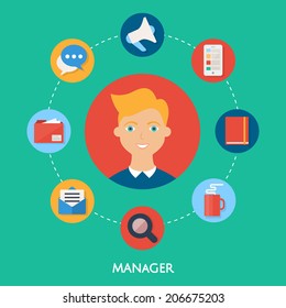 Manager, character illustration, icons. Vector flat style