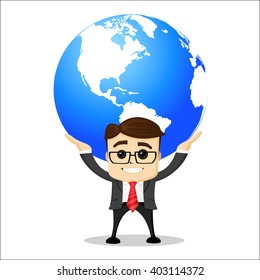 Manager character keeping the planet. Character keeping the planet. Smiling cartoon character.Young boy kid holding planet earth. Flat style vector illustration isolated on white background.