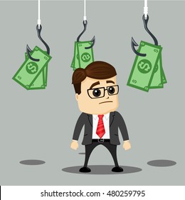 Manager character and a lot of money on hook. Businessman or manager character is thinking about money. Flat illustration. Money on hook. 