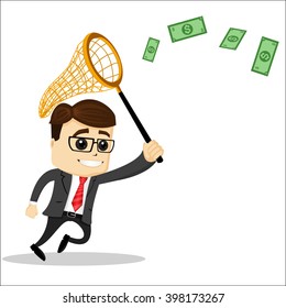 Manager character with a net to catch money. Net to catch. Manager character is running. Smiling and running manager character. 