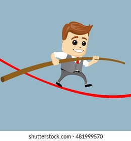 Manager character on the rope. Businessman character walking and smiling to the success. Flat character. 