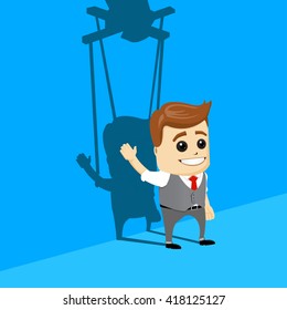 Manager character as a puppet. Illustration of a simple flat style funny casual character in different situation. Businessman or manager in your control working puppets. Vector