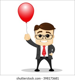 Manager character with red balloon. Manager character standing and smiling. One hand is in the pocket. Red balloon is up. 