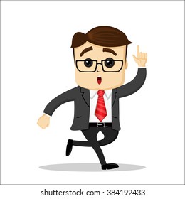 Manager character, running and being surprised. One hand up and show something with one finger. 