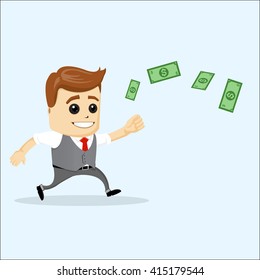 Manager character runs for money. Manager character and banknote. 