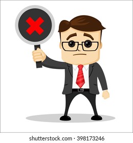 Manager character is sad, standing with a sign in one hand. Manager character is sad. Sign with a cross. Manager character. 