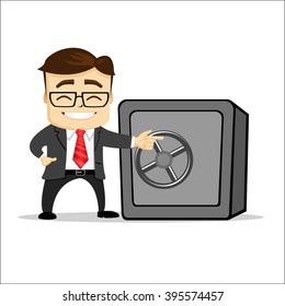 Manager character with safe. Safe box locked. Manager character is standing near the safe. 