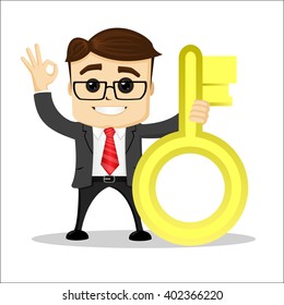 Manager character smiling and keeping in hand big key. Manager character standing and smiling.Cartoon character. 