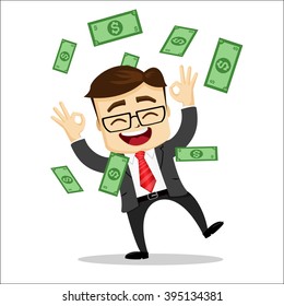 Manager character smiling and skipping. Dollar bills fly around a person. Success and wealth. Money.