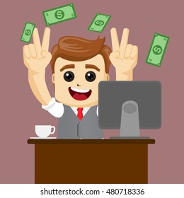 Manager character smiling and skipping. Dollar bills fly around a person. Success and wealth. Money. Office manager with hands up, smiling and happy. 