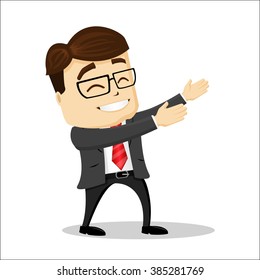 Manager character smiling and wants to hug. He is standing with closed eyes and also is very happy. 