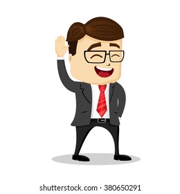 Manager character smiling, waving and closes his eyes from happiness. 