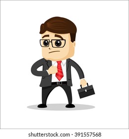 Manager character standing and being pensive. Manager character with a suitcase in hand. 