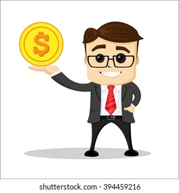 Manager character standing and smiling. Has an gold coin in hand. One hand in pocket. 