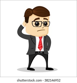 Manager character standing and thinking about something. He has scratching his head.