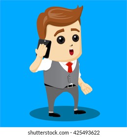 Manager character talking on cellphone. Vector illustration of a simple cute character for use in presentations, design, etc. Flat design. Surprised manager character talking on mobile phone. 