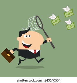 Manager Chasing Flying Money With A Net.Flat Design Style Vector Illustration