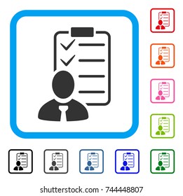 Manager Check List icon. Flat gray pictogram symbol inside a blue rounded squared frame. Black, gray, green, blue, red, orange color versions of Manager Check List vector. Designed for web and app UI.