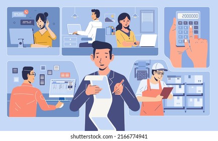 Manager check report and business task for each employee division for Successful work planning. flat illustration, monochrome color