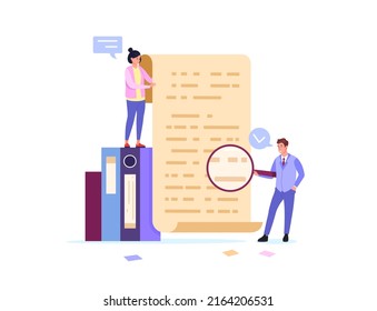 Manager checking contract. Proffesional accountant check financial budget document on legal or mistake, managers reading statement, office paperwork vector illustration of management finance document