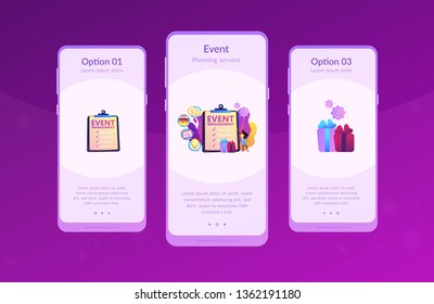 Manager with checklist creating event plan and development. Event management and planning service, how to plan an event, planning software concept. Mobile UI UX GUI template, app interface wireframe