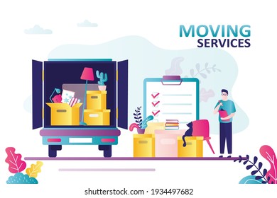 Manager checks presence of all things. Male character checks list of household items. Delivery truck with cardboard boxes and furnitures. Concept of moving service. Trendy flat vector illustration