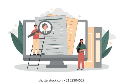 Manager checks resume. Chief evaluates candidates for vacancy. Expansion of companys staff and potential newcomers. HR department analyzes workers documents. Cartoon flat vector illustration