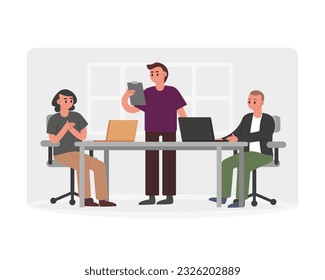 Manager checks work of employees. Increasing productivity and efficiency in business using teamwork ideas. Colleagues discussion new project. Vector flat illustration in gray colors