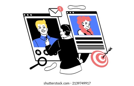 Manager choosing resume. Man with in front of photo of guy, recruiting for company and expanding staff. Assessment of professional skills, preparation for interview. Cartoon flat vector illustration