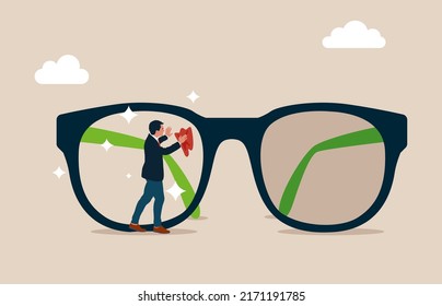 Manager cleaning huge eyeglass lenses for owner to get clear vision. Clear business vision, see through lenses in details or clean and clear business outlook.