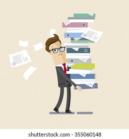 Manager, clerk, office woker. A man drags a big pile of documents. Illustration, vector EPS10.