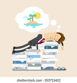 Manager, clerk, office worker. Clipart of a manager tired and sleep on a pile of documents. illustration, flat, vector EPS10.