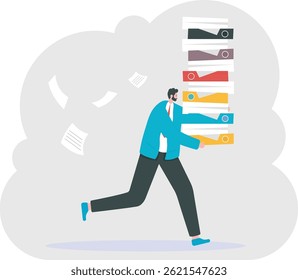 Manager, clerk, office worker. A man drags a big pile of documents. Illustration, vector EPS10.

