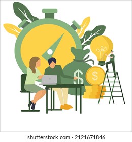 el gerente está entrenando a los empleados para que completen el proyecto a tiempo, gestión del tiempo, tiempo limitado, encender la luz de la idea, montón de dinero, cronómetro. vector de diseño