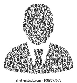 Manager collage of dollar symbols and circle dots. Vector banking pictograms are united into manager mosaic.