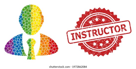 Manager collage icon of round dots in variable sizes and LGBT multicolored shades, and Instructor dirty rosette seal. A dotted LGBT-colored Manager for lesbians, gays, transgenders, and bisexuals.